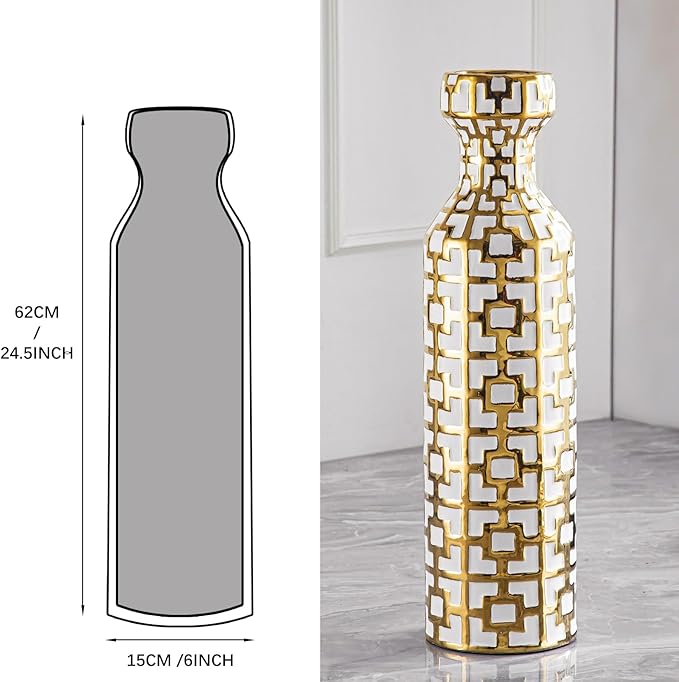 White with Golden Vase for Modern Home Decoration, 24.4 inch Tall Floor Vases for Home Decor, Ceramic vases for décor, Suitable for Living Room Decor, Bathroom Decor and Office Décor