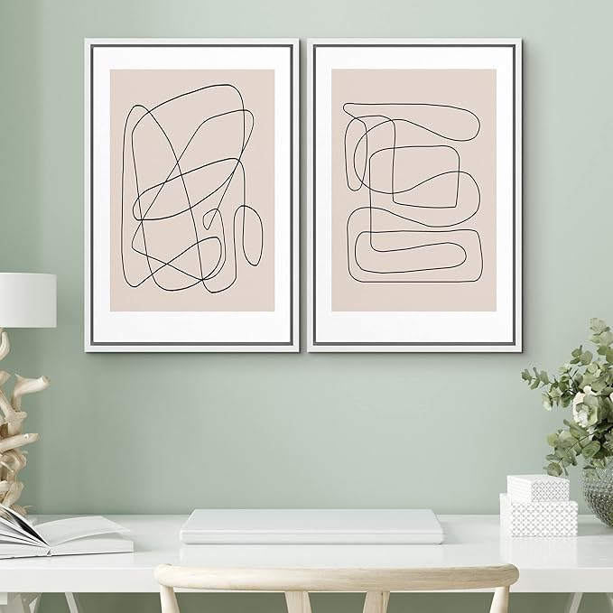 SIGNWIN Framed Wall Art Print Set Line Art Thin Lines Over Plain Tan Background Abstract Swirly Digital Art Modern Art Mid-Century Modern Expressive for Living Room, Bedroom, Office - 24"x36"x2 White