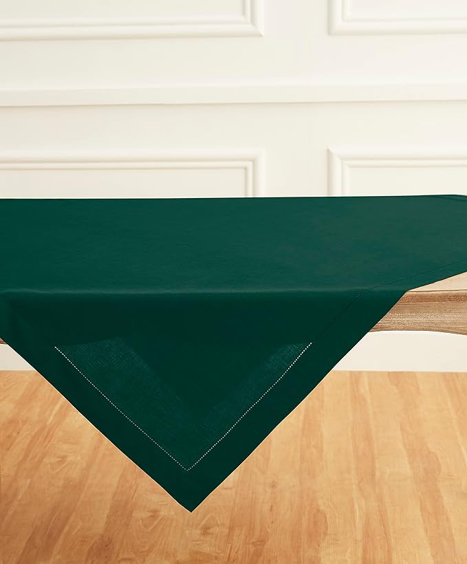 Solino Home Rainforest Green Linen Tablecloth 52 x 52 Inch - 100% Pure Linen Square Table Throw - Classic Hemstitch, Machine Washable Table Cloth for Fall, Autumn, Thanksgiving, Christmas, Winter