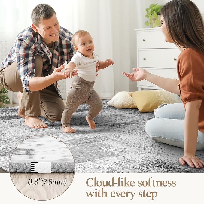 Rugflix 6x9 Area Rugs for Living Room, Washable Rug, Non-Slip, Soft Low Pile Carpet, Stain Resistant, Abstract Rug, Indoor Grey Rug for Bedroom, Dining Room, Home Office