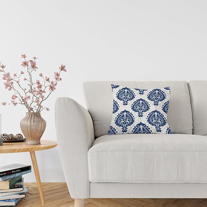 LOVOUS Navy Blue and White Damask Throw Pillow Covers 18x18 Inch Set of 2, Vintage Linen Decorative Pillow Covers for Bed Couch Sofa Bedroom Living Room Home Decor, B19