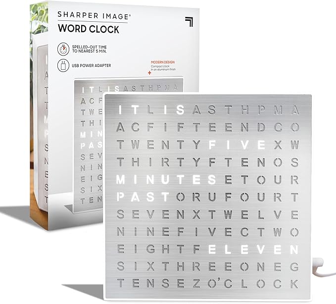 Sharper Image® LED Word Clock – 7.75" Light-Up Digital Clock for Desk & Wall| Modern Time Display Accent Clock| Unique Home Office Décor| Living Room Kitchen Bedroom| Housewarming Gift for Men & Women