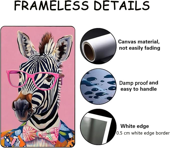 Eeuqiauot Zebra Canvas Wall Art Trendy Pink Poster Zebra with Glasses Wall Art Funny Animal Painting Retro Pink Poster Animal Fashion Picthre for Bedroom 16x24inch Unframed