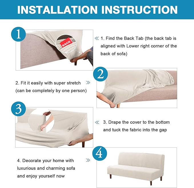 Flamingo P Stretch Armless Futon Covers - Full Queen Futon Couch Covers Slipcover - Soft Thick Jacquard Washable, Ivory