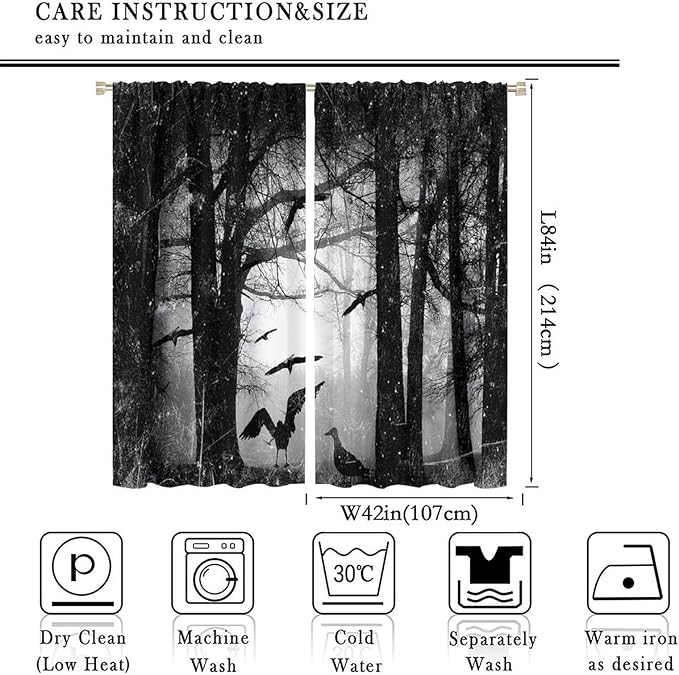 Gothic Forest Blackout Window Curtains, Halloween Style Foggy Forest Dead Trees Crow Print Curtains, for Bedroom Living Room 42(W)*84(L) 2 Panels