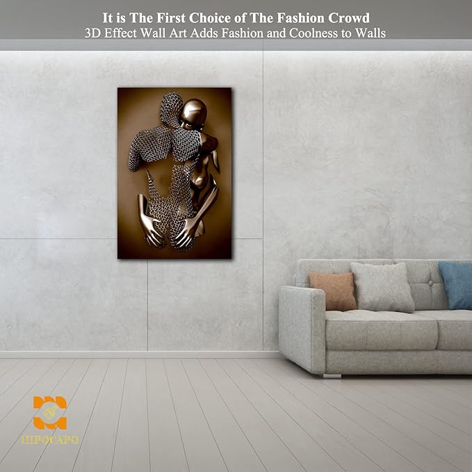 HIPOCAPO 3D Metal Effect Wall Art, 3D Metal Art Wall, Modern Abstract Hug Lovers Painting Picture Poster Prints for Bathroom, Romantic Couple Living Room Canvas Wall Art Framed, 1Panel-XL-(28x40 in)
