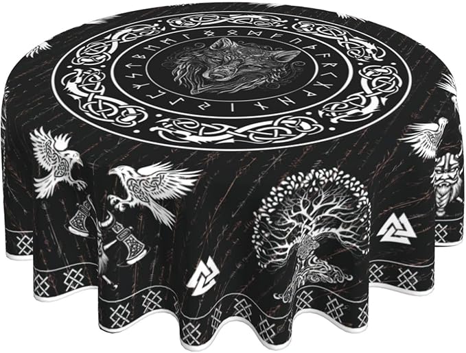 Norse Viking Tablecloth, Nordic Mythology Tree of Life Crow Ancient Mythical Viking Wolf Print Water Resisitant Table Cover for Dining Kitchen Living Room Home Party Holiday Decor 60 inch Round