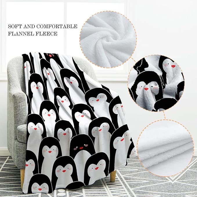 Jekeno Penguin Blanket Antarctic Animals Black and White Penguins Print Gifts for Women Kids Girls Boys Home Bedroom Living Room Decor Soft Cozy Lightweight Plush Throw Blankets 60"x80"