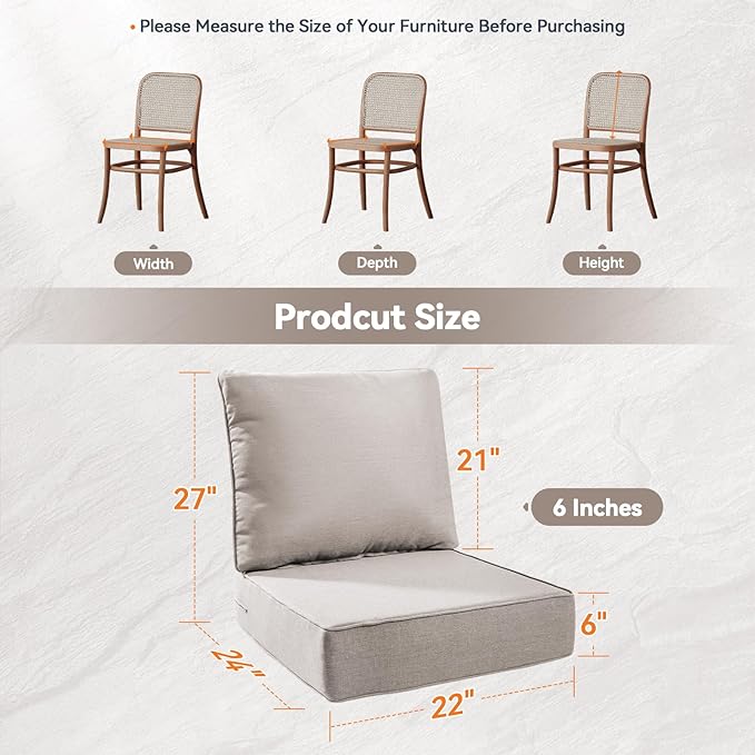 6" Thick Outdoor Cushions 22x24x6, 7-Set Deep Seat Patio Cushions with Removable Cover, Waterproof & Fade Resistant Replacement for Wicker Chair, Loveseat, Sofa - Beige