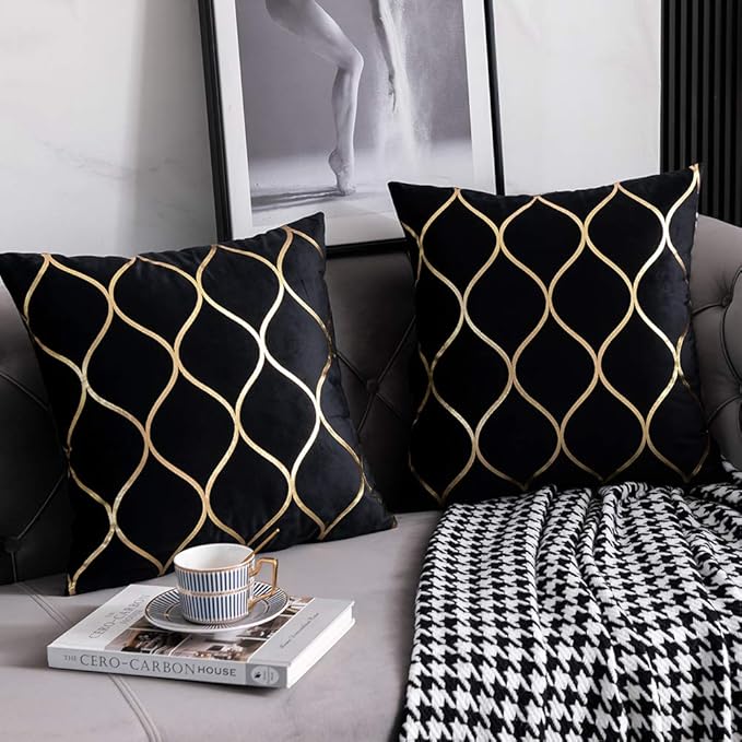 22x22 Inch Gold Velvet Throw Pillow Covers: 2 Pack Square Decorative Pillow Cases for Bedroom Sofa Couch Living Room, Black