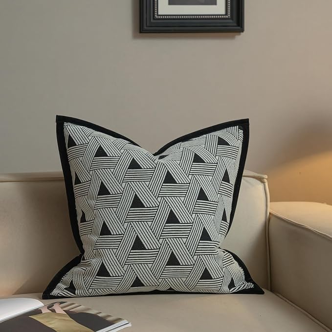 New 20x20'' inches Throw Pillow Cushion Covers - Triangle Black Color Chenille Jacquard Embroidery with Edge Strip Luxury Modern Style Couch Sofa Bed Pillow Cover for Living Room Bedro