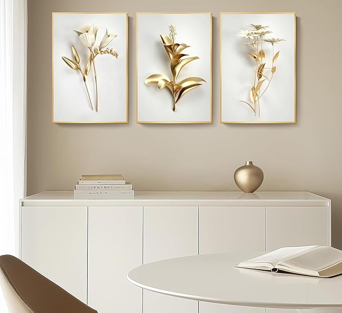 3Pcs Abstract Golden Flower Canvas Wall Art Modern Luxury Minimalism Nordic Floral Plant Painting Picture Wall Decor Poster Print Artwork for Living Room Bedroom Home Decoration Unframed