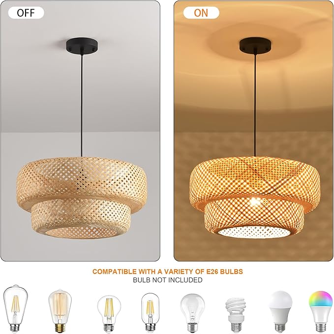 18.12 Inch Bamboo Pendant Light Hand Woven Basket Lights Rattan Pendant Light for Kitchen Island Dining Room Living Room Bedroom Foyer