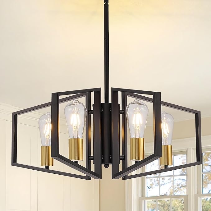 WJShome 4-Light Black and Gold Chandelier, Farmhouse Ceiling Light Fixtures, Dining Room Light Fixtures Over Table, Hanging Geometric Pendant Lights, for Kitchen Island, Bedroom, Foyer, Entryway