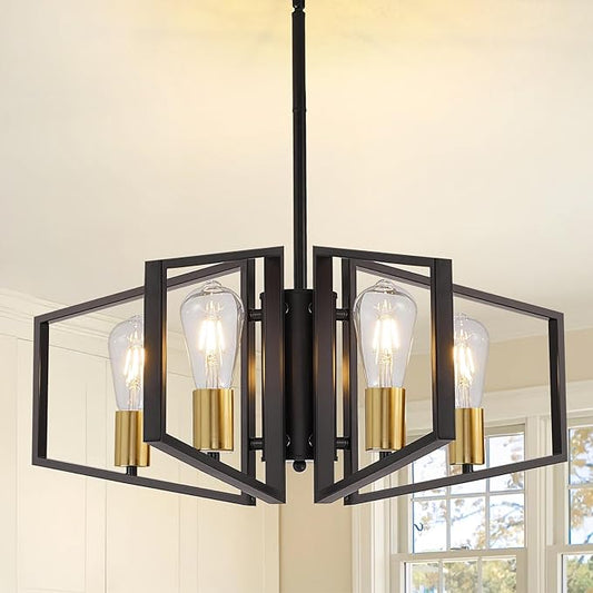 WJShome 4-Light Black and Gold Chandelier, Farmhouse Ceiling Light Fixtures, Dining Room Light Fixtures Over Table, Hanging Geometric Pendant Lights, for Kitchen Island, Bedroom, Foyer, Entryway