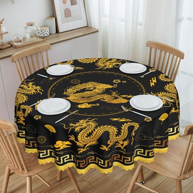 Chinese Dragon Tablecloth Round, Black Golden Traditional Zodiac Dragon Vintage Asian Style Oriental Water Resisitant Table Cover for Dining Kitchen Living Room Home Party Holiday Decor 36 inch Round