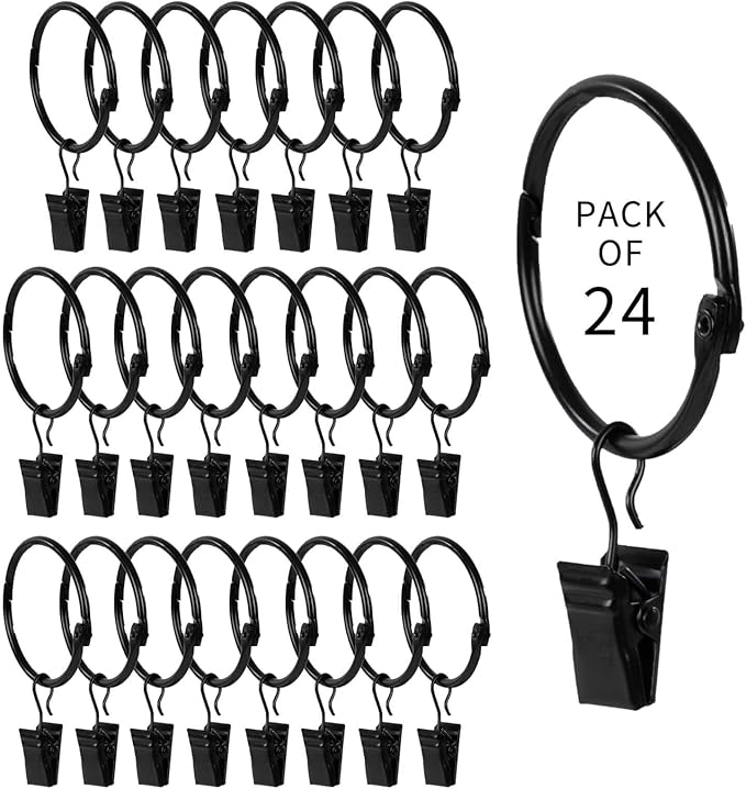 Openable Curtain Rings with Clips,3inch Inner Diameter,Heavy Duty Rustproof Metal Decorative Vintage Drapery Rings Curtain Clips Rod Hangers Door Curtain and Shower Curtain Rings Black Zocang