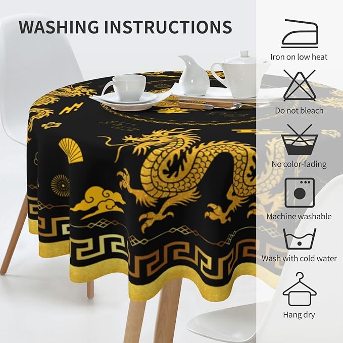 Chinese Dragon Tablecloth Round, Black Golden Traditional Zodiac Dragon Vintage Asian Style Oriental Water Resisitant Table Cover for Dining Kitchen Living Room Home Party Holiday Decor 36 inch Round