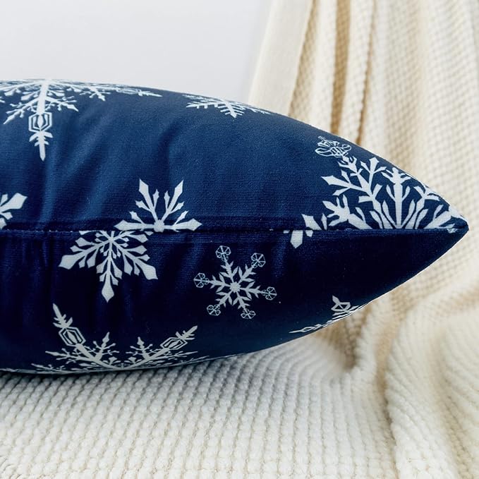 HWY 50 Dark Blue Decorative Throw Pillow Covers 16x16 Inch for Couch Sofa Living Room Bed, Soft Christmas Big and Small Snowflakes Print Throw Pillows Cases Set Cushion Cover Pack of 2