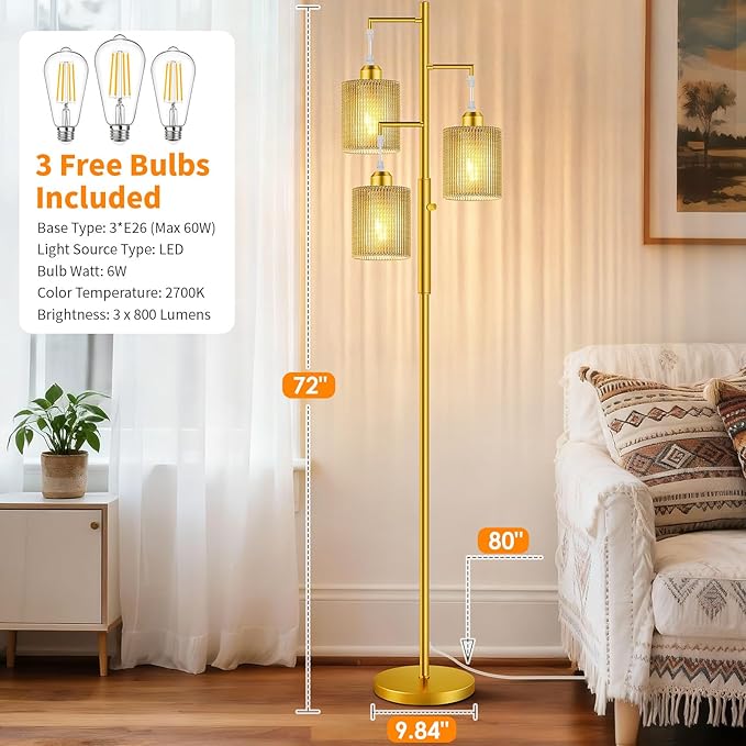 Hotsonic 72" Tall Boho Floor Lamp, Dimmable Standing Lamp with Handcrafted Rattan Beige Shade, Industrial Tree Floor Lamps for Living Room, Bedroom, Study Room, Office(3x800LM LED Bulbs Included)-Gold
