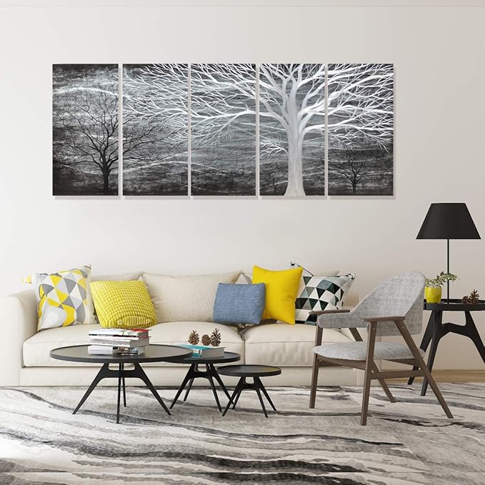 RICHSPACE ARTS Black and Silver Metal Wall Art 3d Abstract Modern Tree Decor Large Sculptures for Bedroom Dinning Room Decoration Contemporary Forest Sculpture Artwork Set of 5 Panels