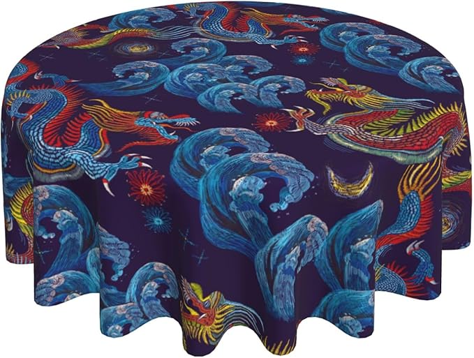 Chinoiserie Tablecloth Round, Traditional Zodiac Dragon Vintage Asian Style Oriental Luxury Water Resisitant Table Cover for Dining Kitchen Living Room Home Party Holiday Decor 70 inch Round