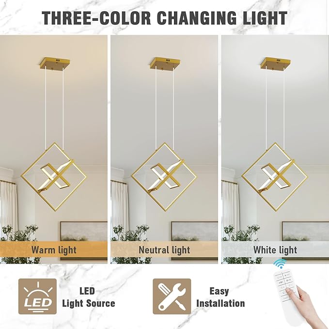 Modern LED Square Chandelier Gold LED Hanging Pendant Light with Remote Control Dimmable Contemporary Geometric Chandeliers Creative DIY Height Adjustable Lighting for Dining Room Entryway