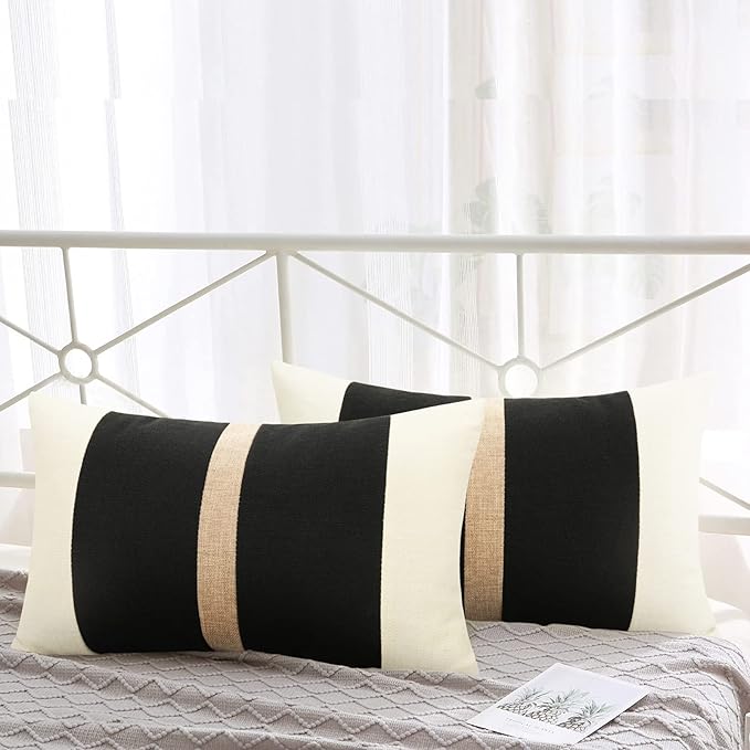 Pyonic Set of 2 Black Linen Patchwork Throw Lumbar Pillow Covers for Couch Farmhouse Decorative Outdoor Pillow Cover for Sofa Living Room Bedroom 12x20 Inch