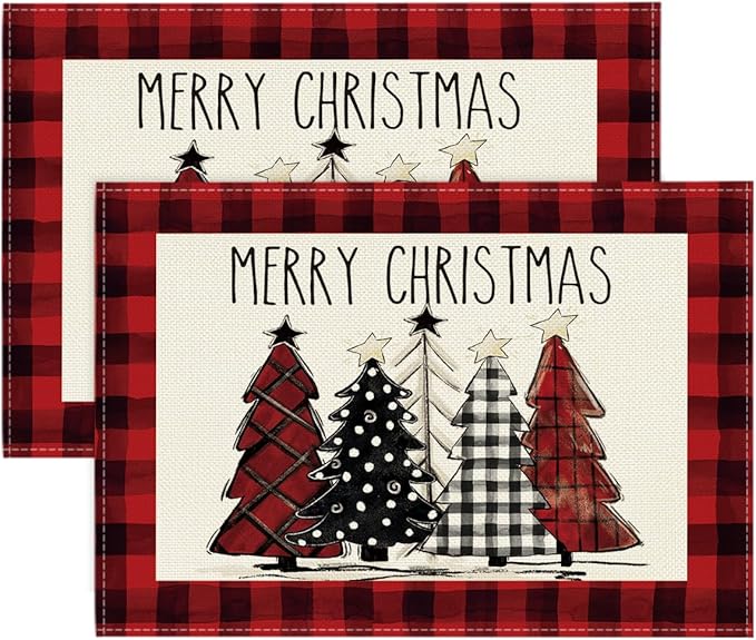 Artoid Mode Red and Black Buffalo Plaid Christmas Trees Placemats Set of 2, 12x18 Inch Winter Table Mats for Outdoor Home Party Kitchen Dining Decor