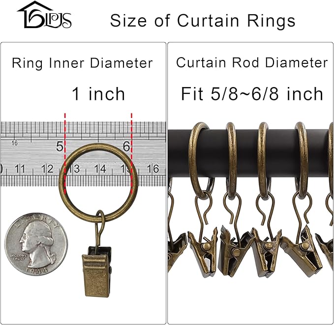 100 Pack Curtain Rings with Clips, Curtain Clip Rings Hooks, Bow Hanger Clips for Hanging Drapery Drapes Bows, Ring 1 inch Interior Diameter, Fits up to 5/8" Rod, Bronze