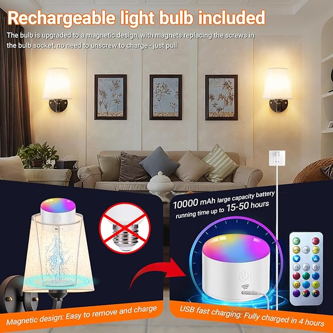 Battery Operated Wall Sconces Set of Two, Indoor Wireless Wall Mounted Lamp with 10000mAh Dimmable Bulb and Remote, RGB Colors Rechargeable Wall Light for Bedroom Living Room Decor
