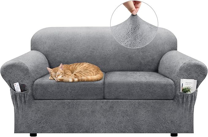Loveseat Slipcover with Armrest Pockets 3-Piece Set, Stretch Faux Leather Love Seat Covers for 2-Cushion Couches(Fits 58-66") - Non-Slip, Machine Washable, Pet & Kid Friendly - Light Gray