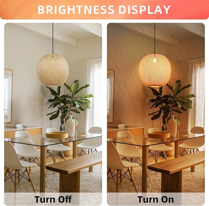 Arturesthome 1 Light Round Bamboo Pendant Lights, Wicker Chandelier Hand-Woven Boho Basket Lampshade Hanging Ceiling Light for Kitchen Island Living Room