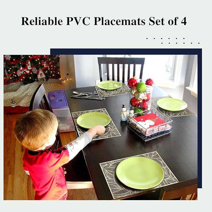 FAVE Gold Metallic Placemats Set of 4 Heat Resistant Vinyl Placemats Wipeable & Washable Table Mats Set of 4 Fall Placemats for Dining Tables Party Holiday Daily Home Decoration(P-Rectangle Leaf)