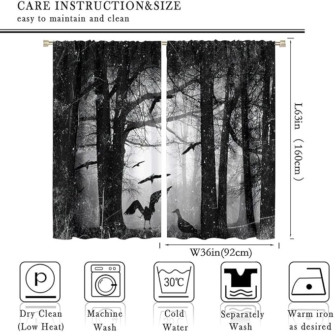 Gothic Forest Blackout Window Curtains, Halloween Style Foggy Forest Dead Trees Crow Print Curtains, for Bedroom Living Room 36(W)*63(L) 2 Panels