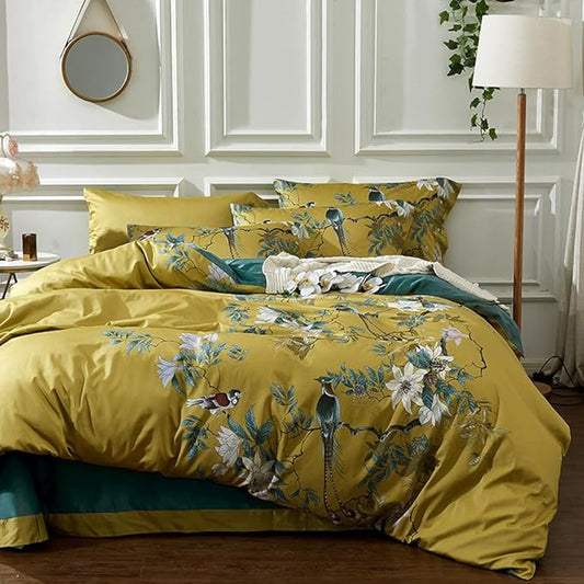 mixinni Floral Duvet Cover Set Full Soft Cotton White Flowers Birds Bedding with Zipper Closure 2 Pillowcases Leaf Printed Yellow Comforter Cover Set-Easy Care, Soft and Durable-Full Size