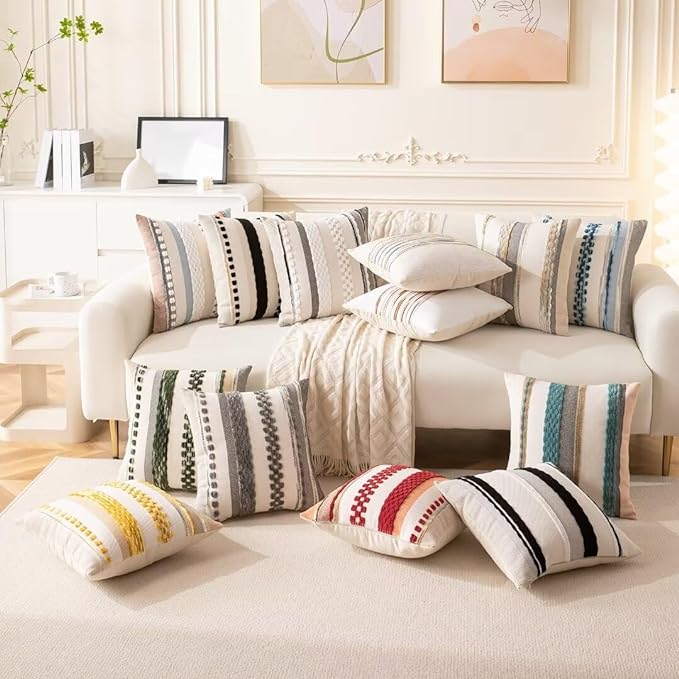 Boho Throw Pillow Covers 18x18 Set of 2 Farmhouse Decorative Cushion Case Striped Square Pillows Cover Chenille Pillow Cases Accent Neutral Pillowcase for Sofa Couch Bed,Yellow