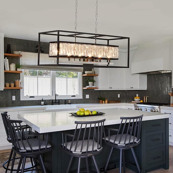 Vezzio Modern Crystal Chandelier 6-Light Black Gold Rectangle Chandelier for Dining Room Luxury Pendant Light Fixture for Kitchen Island Foyer L35''