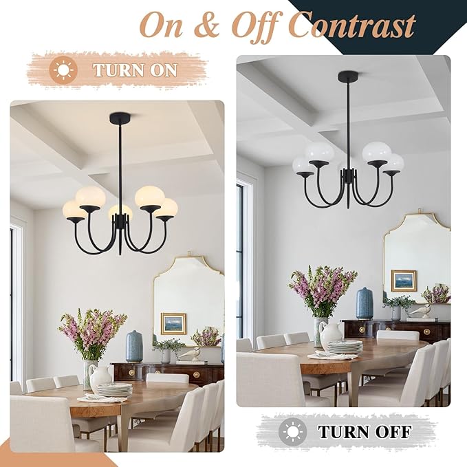 BOKT 5 Lights Mid Century Chandelier Light Fixture Black Sputnik Pendant Lights Milk Glass Globe Chandelier Adjustable Modern Farmhouse Dining Room Sputnik Kitchen Island Lighting BPL01-BK-5