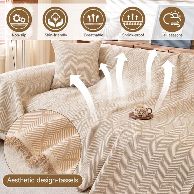 ROOMLIFE Boho Khaki Couch Covers for 3 Cushion Sofa, Couch Cover Sectional Sofa Cover for Dog, Washable Furniture Sofa Protector Cover Soft Blanket with Tassel for Living Room, 71''X118''
