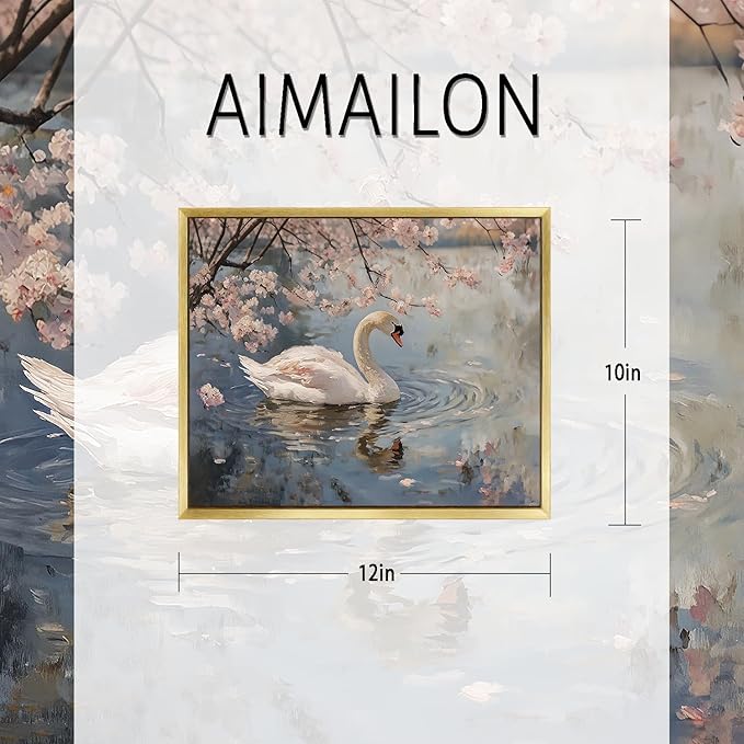 AIMAILON Vintage Gold Canvas Wall Art Framed Decor for Living Room Gallery White Swan Animal Print Pictures Classical Pink Flower Lake Background Aesthetic Artwork Home Decoration 10x12