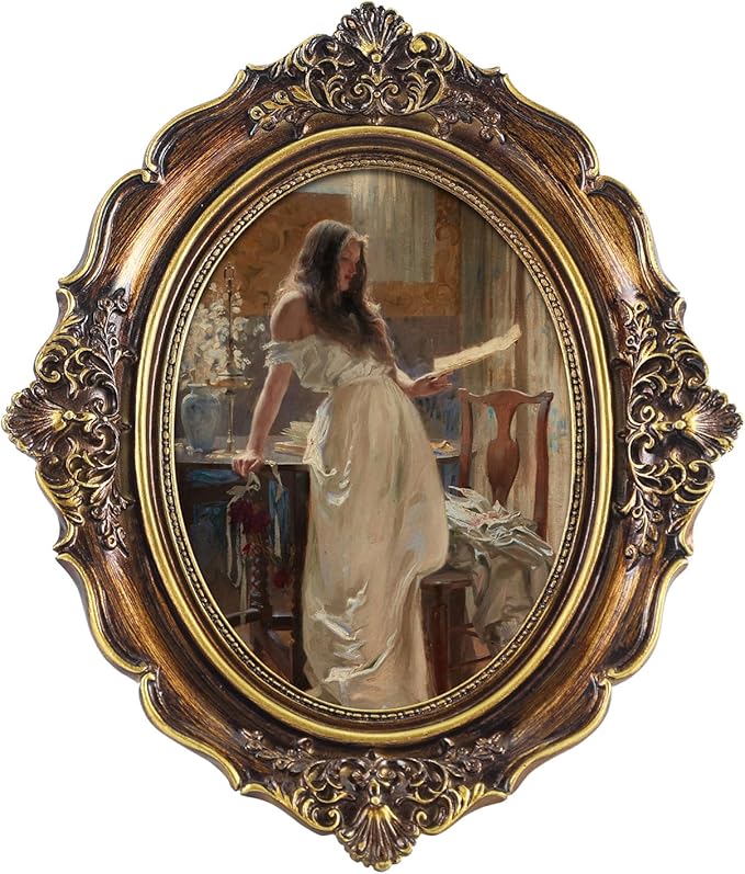 FOLKOR Vintage Wall Art Decor with Oval Picture Frame, Graceful Lady Portrait Framed Canvas Prints for Desk Wall Floating Shelf Decoration, Retro Paintings with Gold Frame for Mid-century Room, 5x7