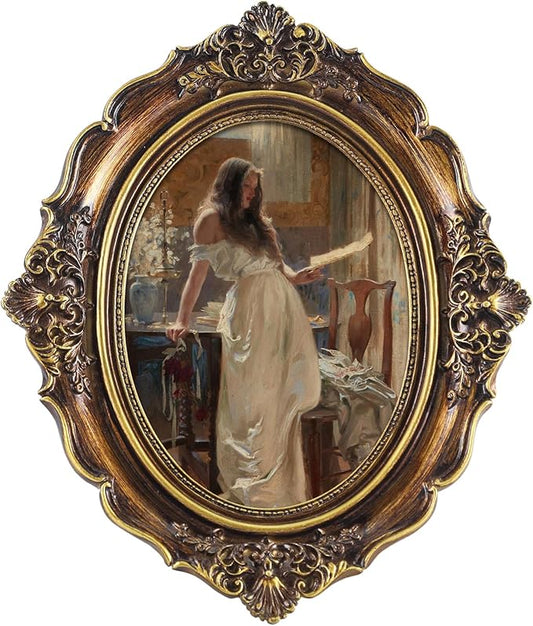 FOLKOR Vintage Wall Art Decor with Oval Picture Frame, Graceful Lady Portrait Framed Canvas Prints for Desk Wall Floating Shelf Decoration, Retro Paintings with Gold Frame for Mid-century Room, 5x7