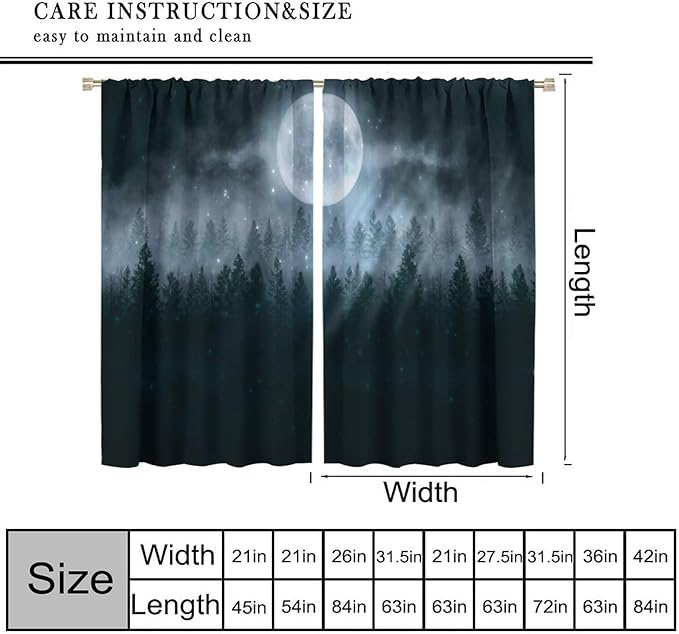 Gothic Forest Moon Blackout Curtains, Black Tree Foggy Moon Star Halloween Nature Starry Horror Window Drapes, for Living Room Bedroom 36(W)*63(L) 2 Panels