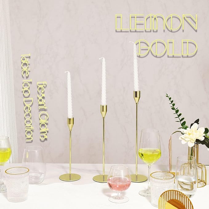 3Pcs Lemon Gold Candlestick Holders Set Fit 3/4" Tall Taper Candle Home Decorative Table Centerpieces for Family Dinning, Party Decoration
