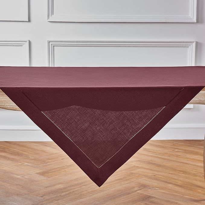 Solino Home Linen Square Tablecloth 52 x 52 Inch - 100% Pure Linen Burgundy Table Throw - Classic Hemstitch, Machine Washable Table Cloth for Fall, Autumn, Thanksgiving, Holiday, Winter