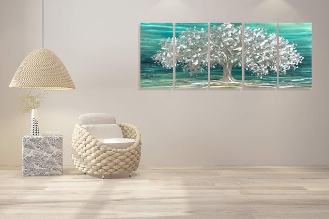 RICHSPACE ARTS Metal Tree Wall Art over Sofa or Bed Large Size Aluminum Artwork Spring Pictures Teal and Gray Decor Contemporary Living Room Bedroom Artwork Set of 5 panels for Walls