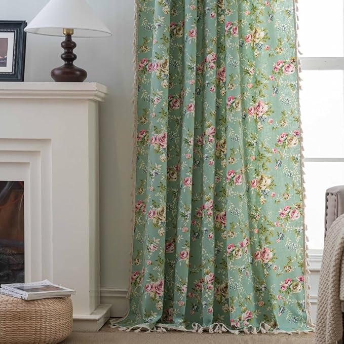 OYX Boho Curtains 96 Inch Length 2 Panels for Living Room, Bedroom Light Filtering Drapes, Farmhouse Vintage Country French Rustic Tassels Pattern Rod Pocket Aesthetic Decor Window Treatments