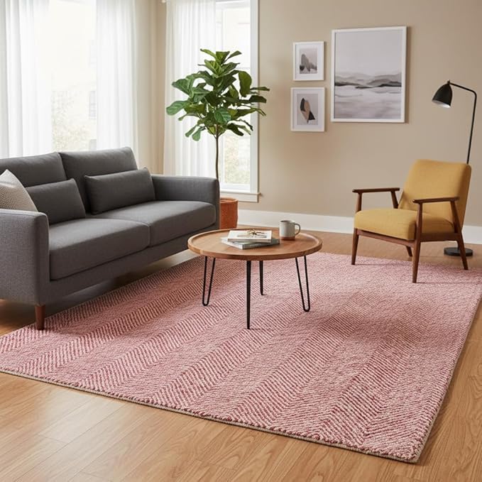 Modern Herringbone Chevron Collection Handcrafted Wool Area Rug - Durable, Zigzag Pattern, for High Traffic, Contemporary Design for Living Room, Bedroom, Dining Room Decor (Blush Pink, 7' x 10')