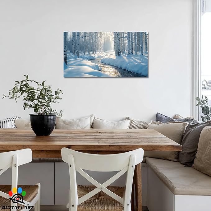GUTTATY Christmas Winter Scene Canvas Wall Art, Birch Tree Snow Landscape Canvas Artwork, Serene Blue White Wall Decor Picture, Peaceful Nature Winter Poster for Living Room and Bedroom, 40x20 Inch